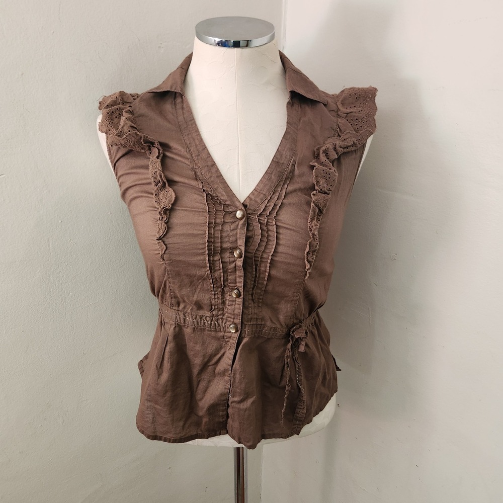DKNY Brown Ruffle Sleeveless Button-Front Blouse
